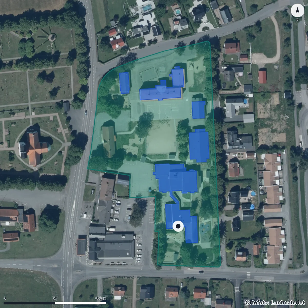 Flygbild över Smedjegårdens Förskola, ortofoto från Lantmäteriet