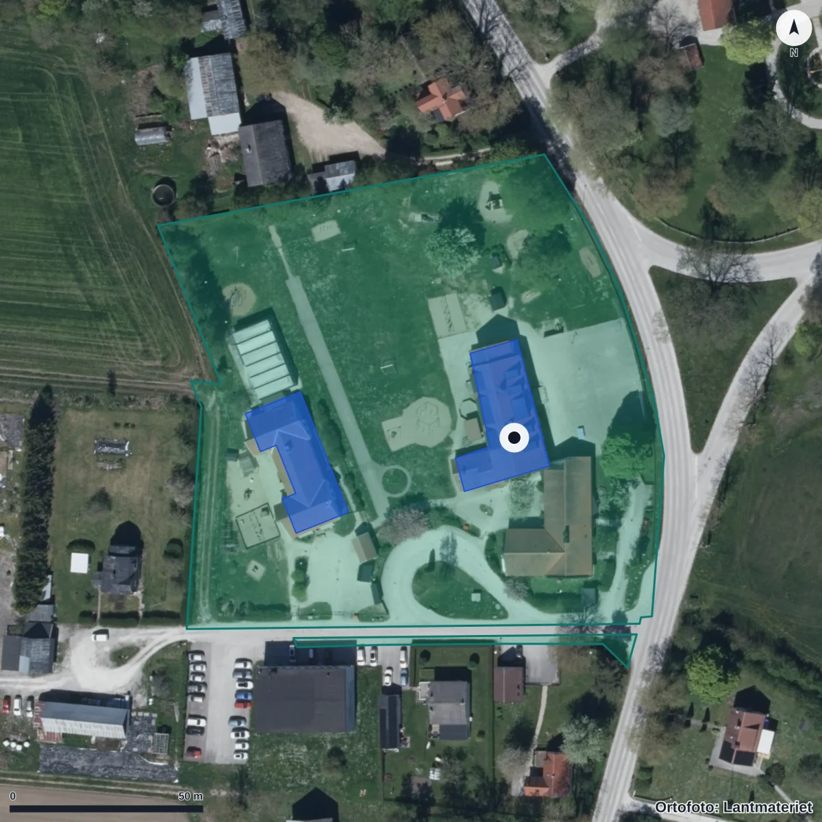 Flygbild över Dalhem Förskola, ortofoto från Lantmäteriet