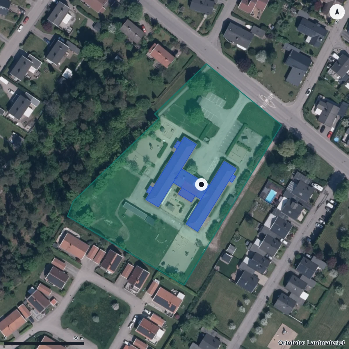 Flygbild över Sädesärlans Förskola, ortofoto från Lantmäteriet