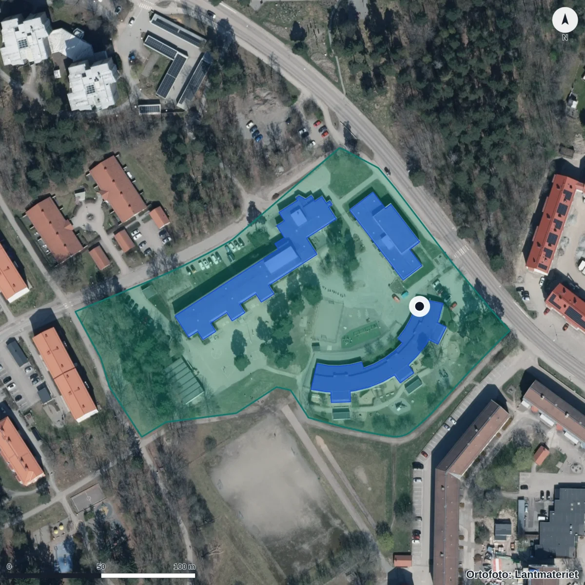Flygbild över Malmabergs Förskola, ortofoto från Lantmäteriet