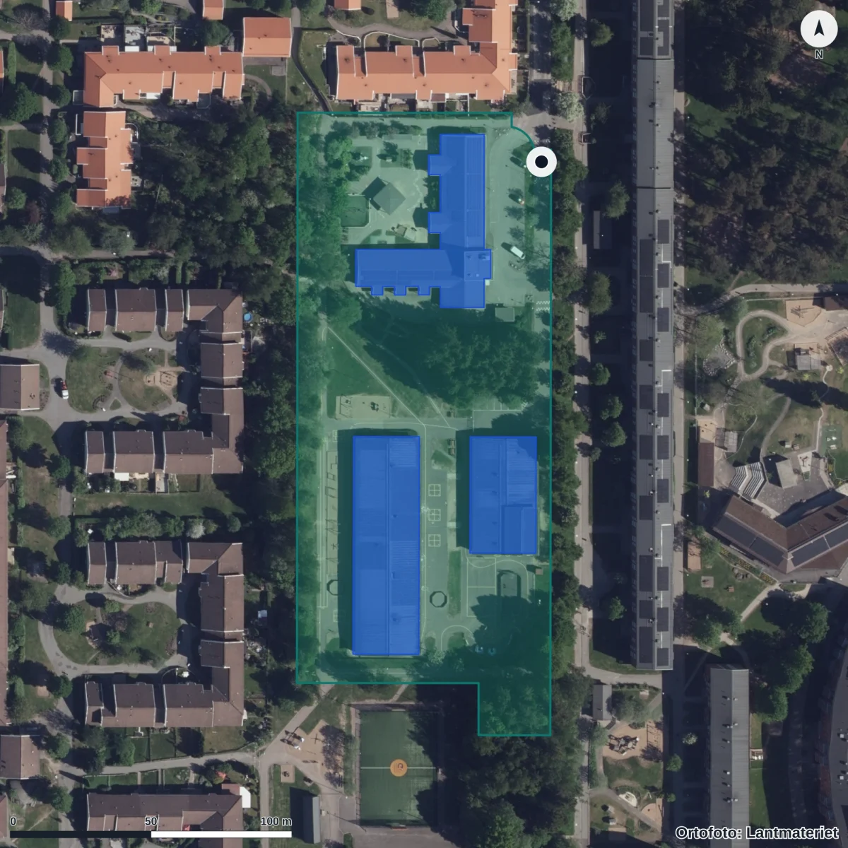 Flygbild över Stjärnbildsgatan 2 Förskola, ortofoto från Lantmäteriet