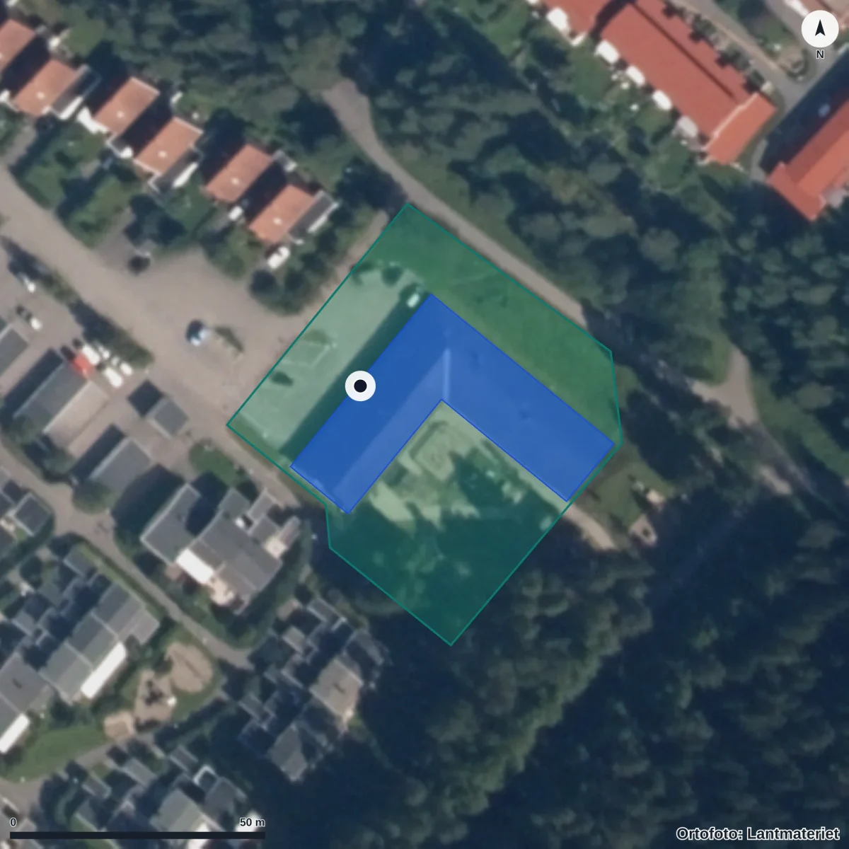 Flygbild över Lillfjällets Förskola, ortofoto från Lantmäteriet