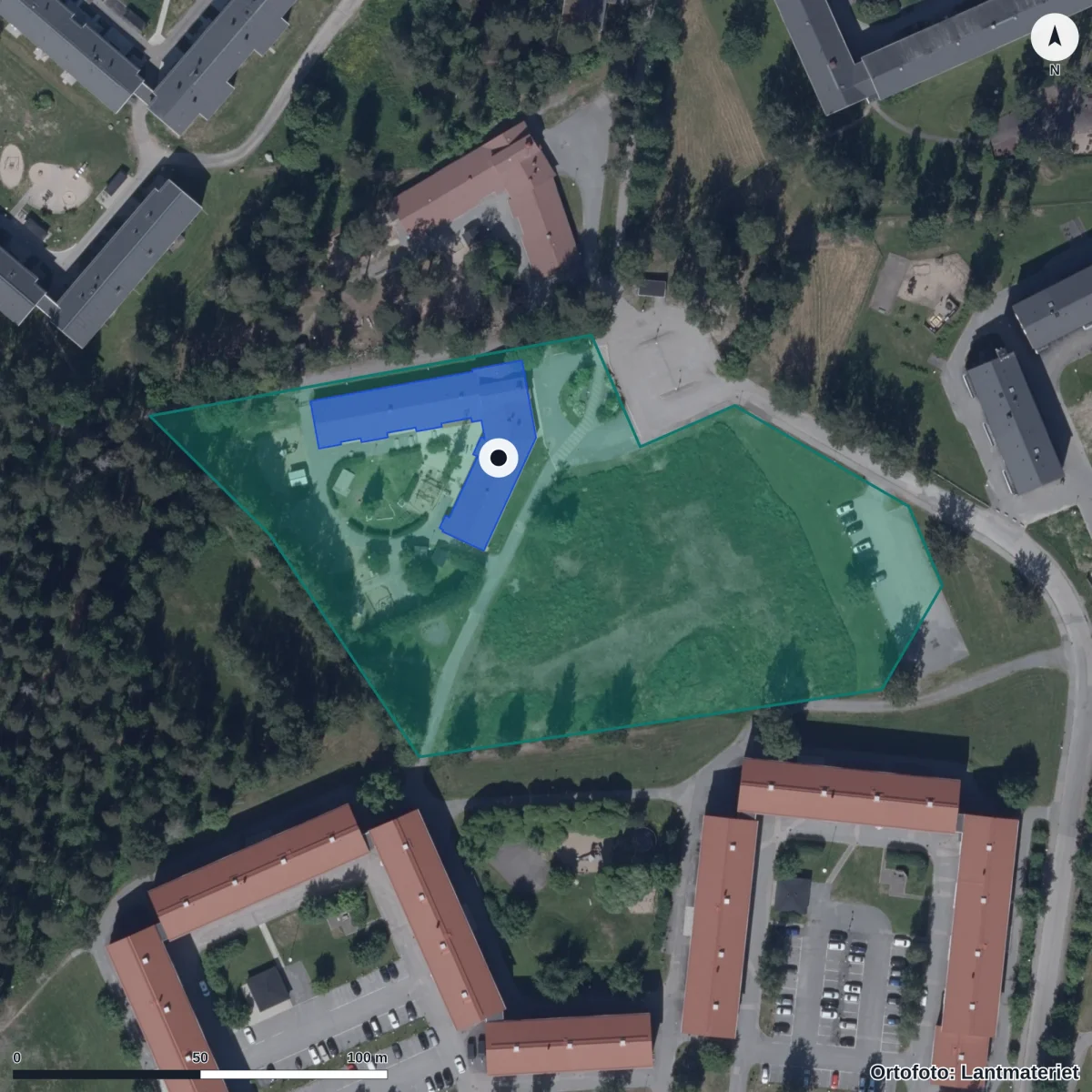 Flygbild över Munkebergs Förskola, ortofoto från Lantmäteriet