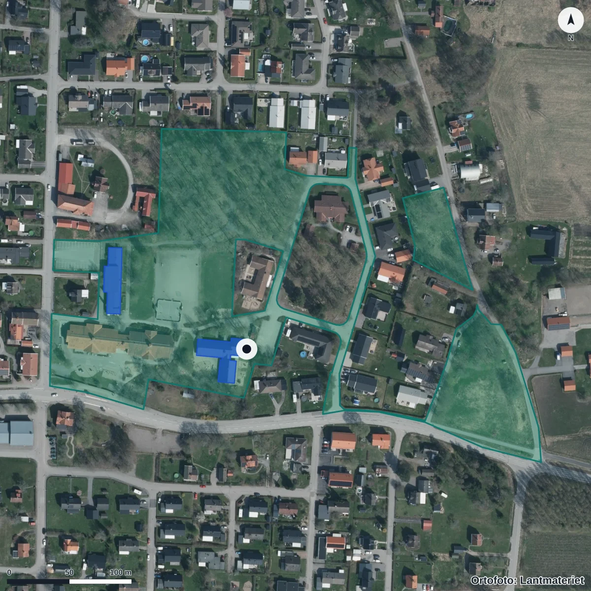 Flygbild över Åbytorps Förskola, ortofoto från Lantmäteriet