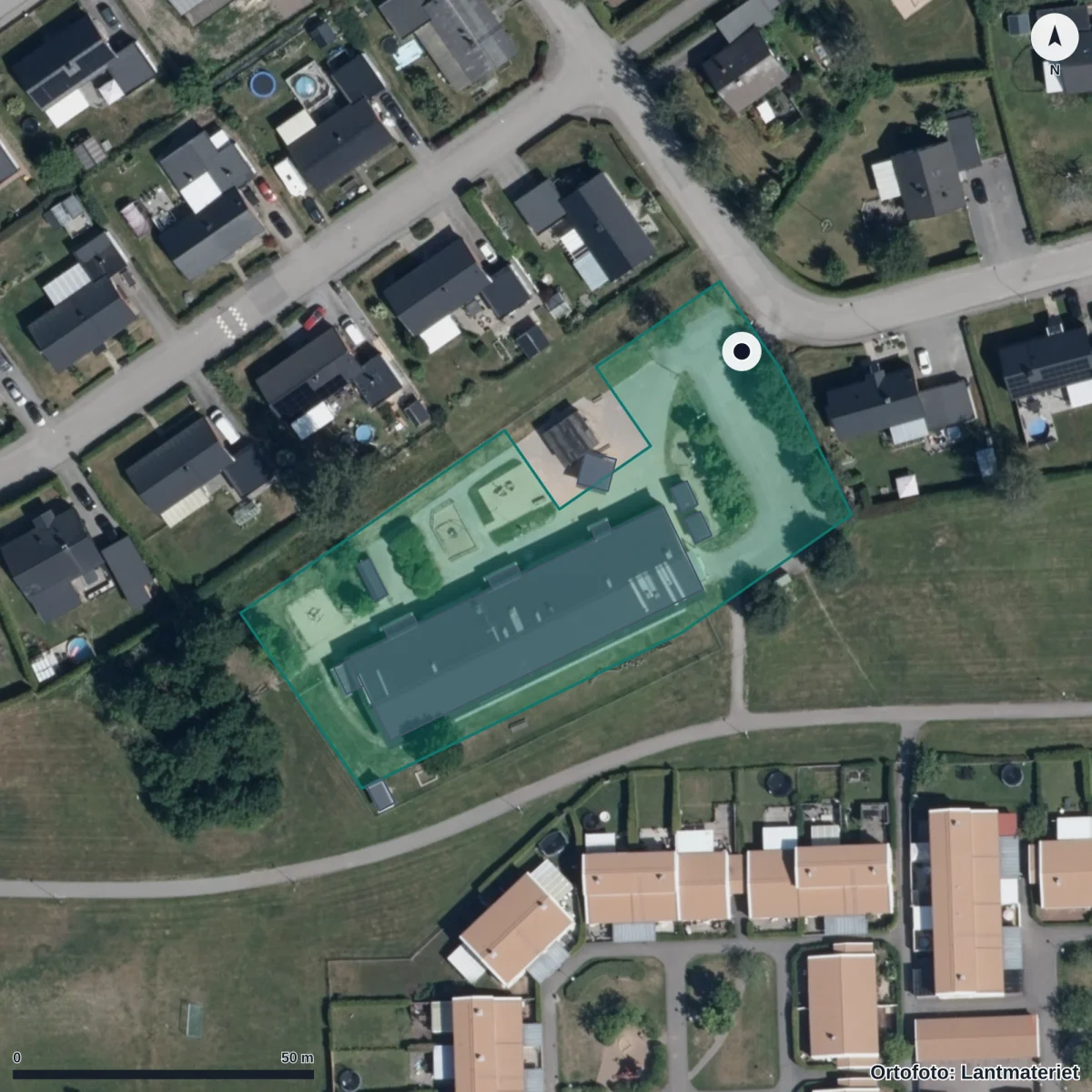 Flygbild över Sörgårdens Förskola, ortofoto från Lantmäteriet