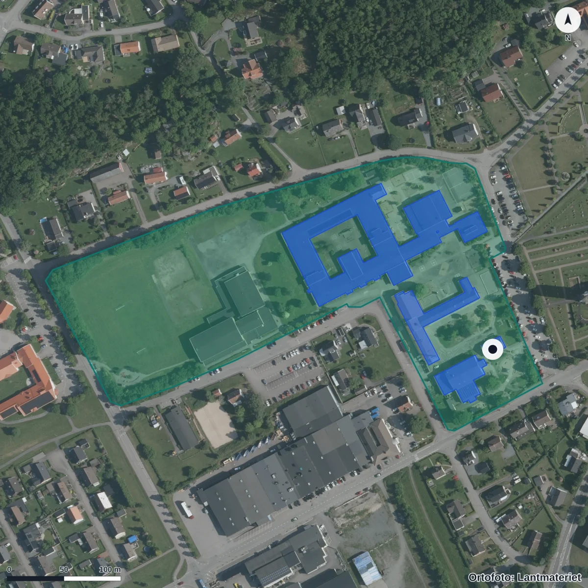 Flygbild över Vidhöge Förskola, ortofoto från Lantmäteriet
