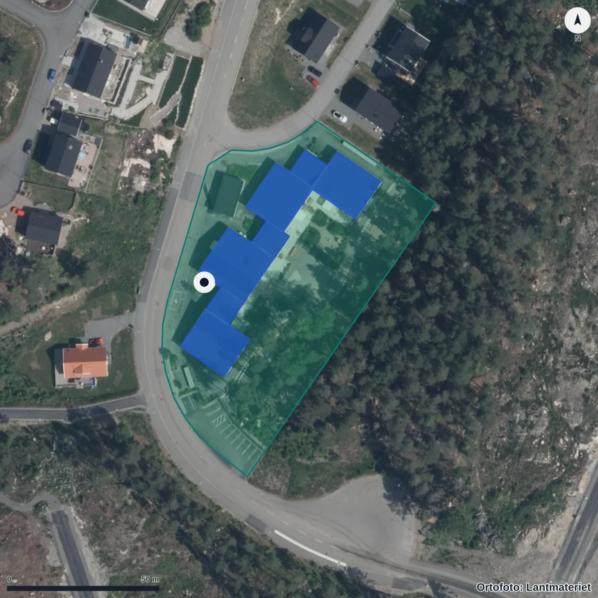 Flygbild över Skölsta Förskola, ortofoto från Lantmäteriet