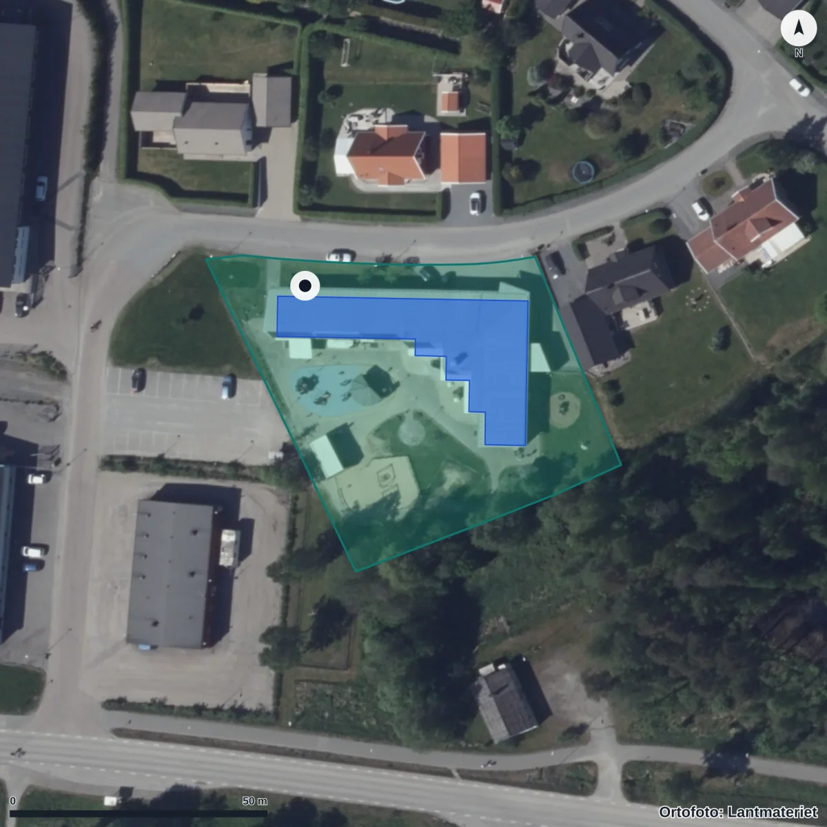 Flygbild över Smedjans Förskola, ortofoto från Lantmäteriet