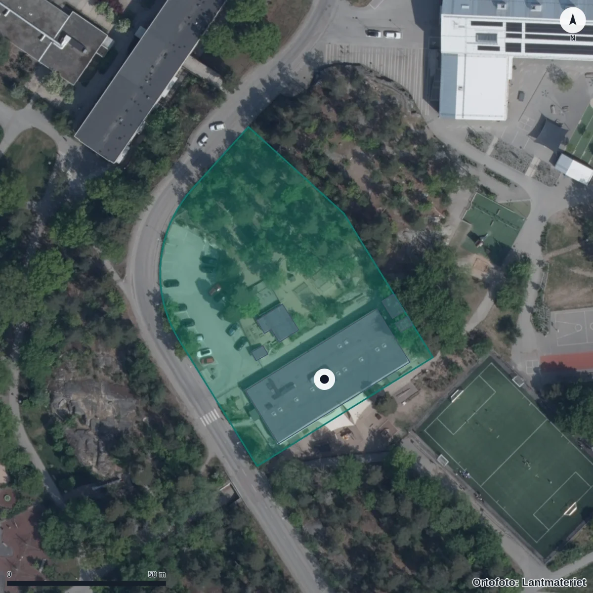 Flygbild över Rudboda Förskola, ortofoto från Lantmäteriet