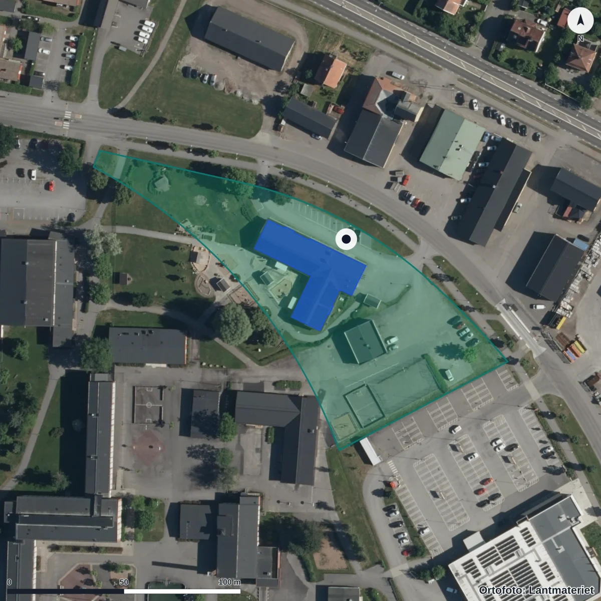 Flygbild över Solängens Förskola, ortofoto från Lantmäteriet