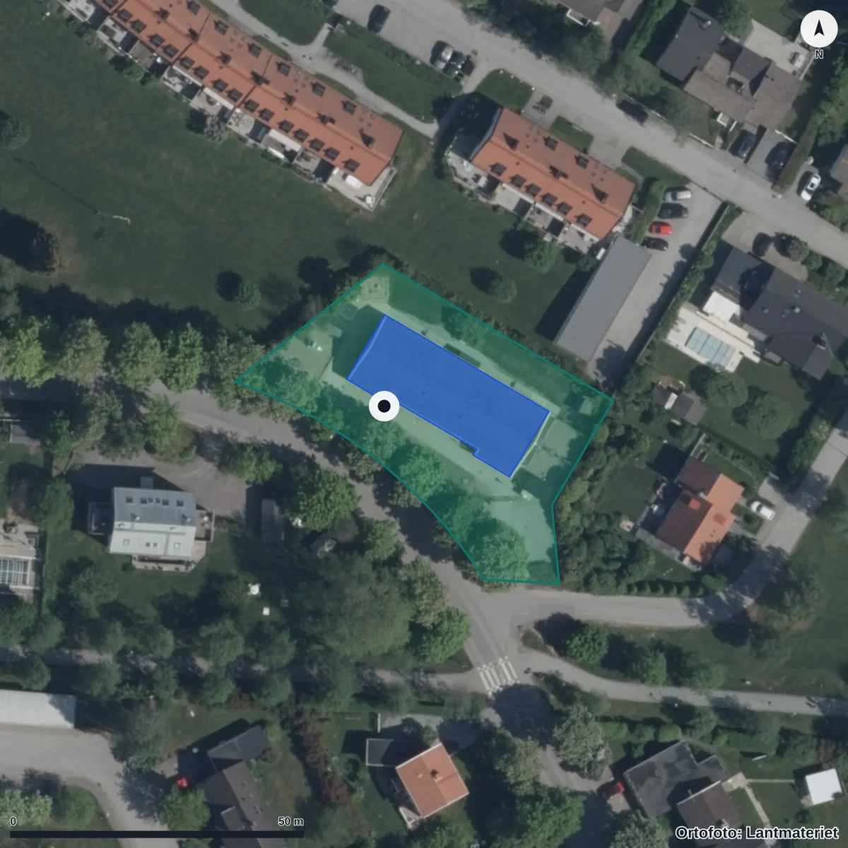 Flygbild över Sjökadettens Förskola, ortofoto från Lantmäteriet