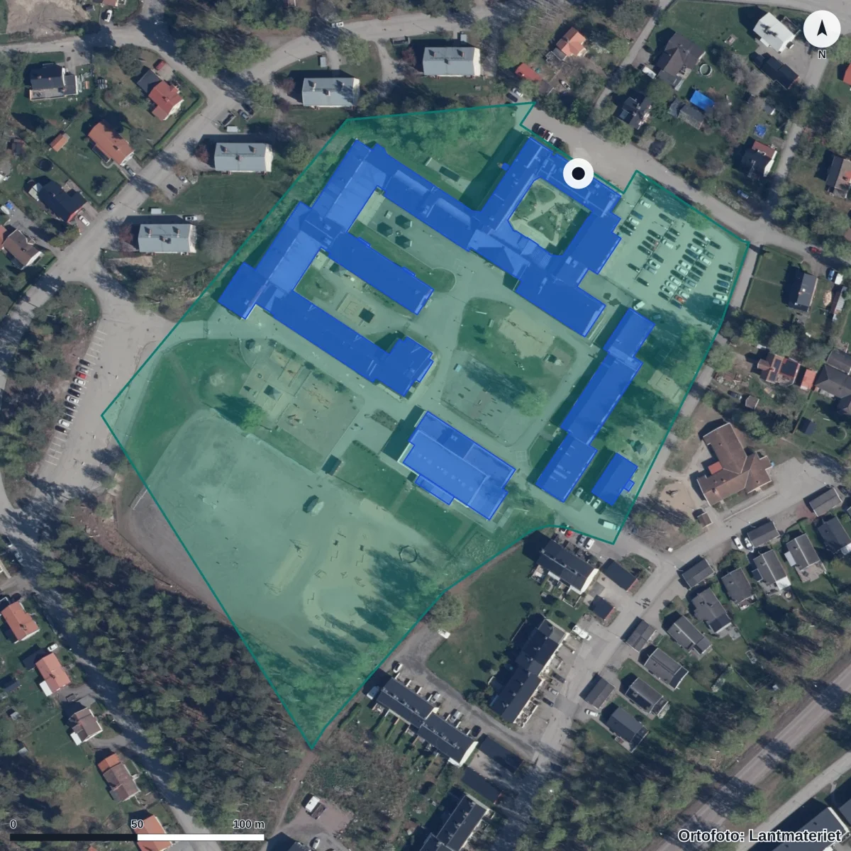 Flygbild över Granbergs Förskola, ortofoto från Lantmäteriet