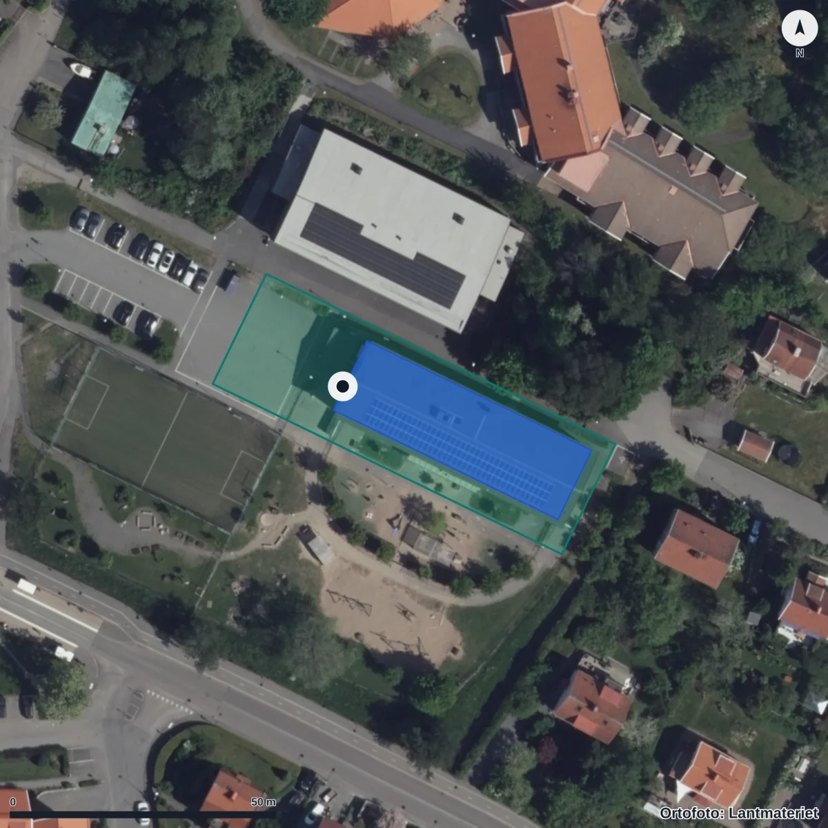 Flygbild över Högalidens Förskola, ortofoto från Lantmäteriet