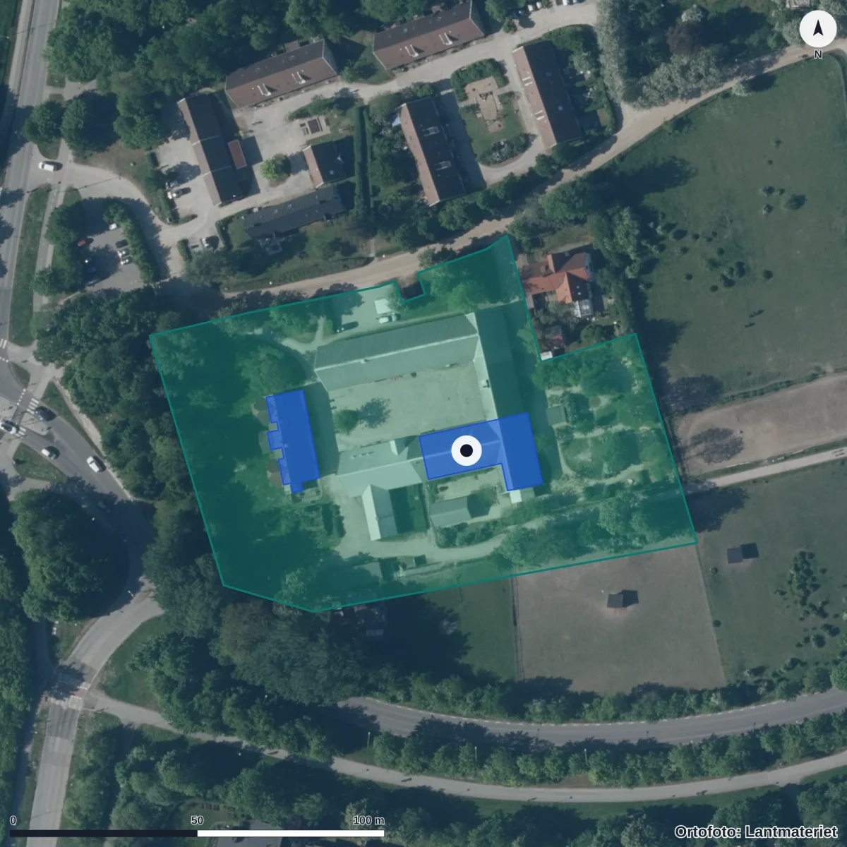 Flygbild över Spelmannens Förskola, ortofoto från Lantmäteriet