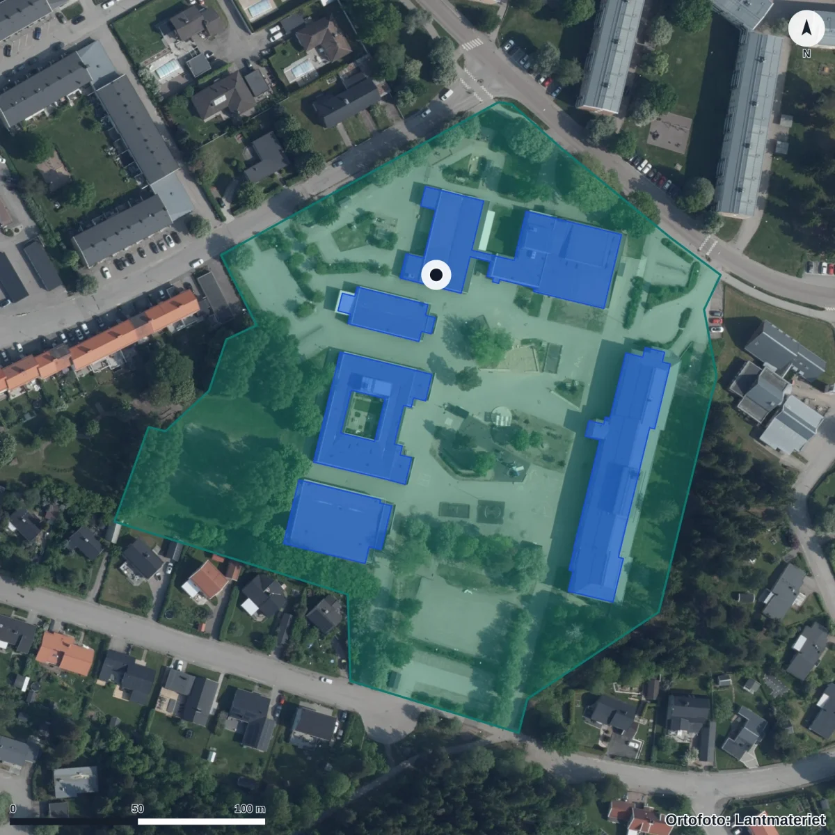 Flygbild över Korpvägens Förskola, ortofoto från Lantmäteriet