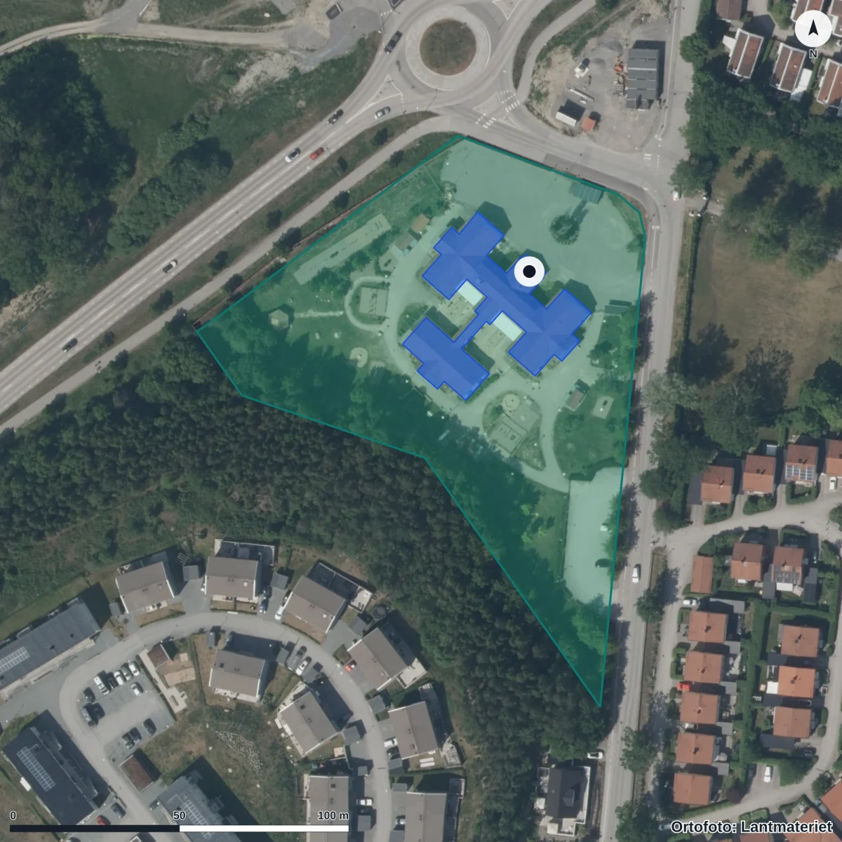 Flygbild över Marielunds Förskola, ortofoto från Lantmäteriet