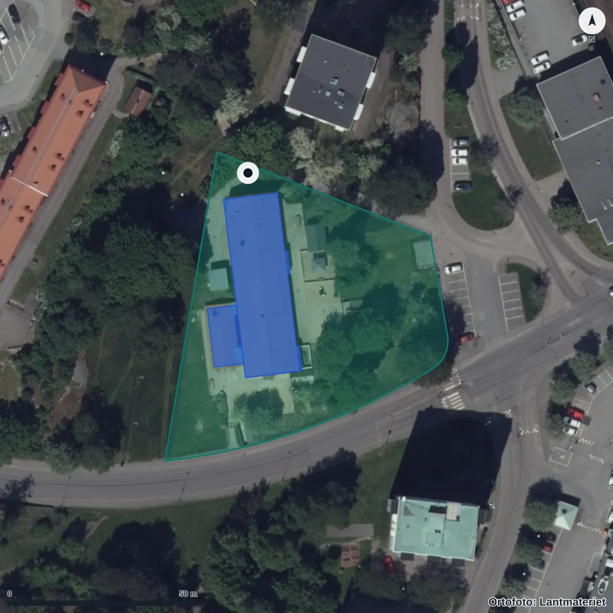 Flygbild över Blåsvädersgatan 2 Förskola, ortofoto från Lantmäteriet