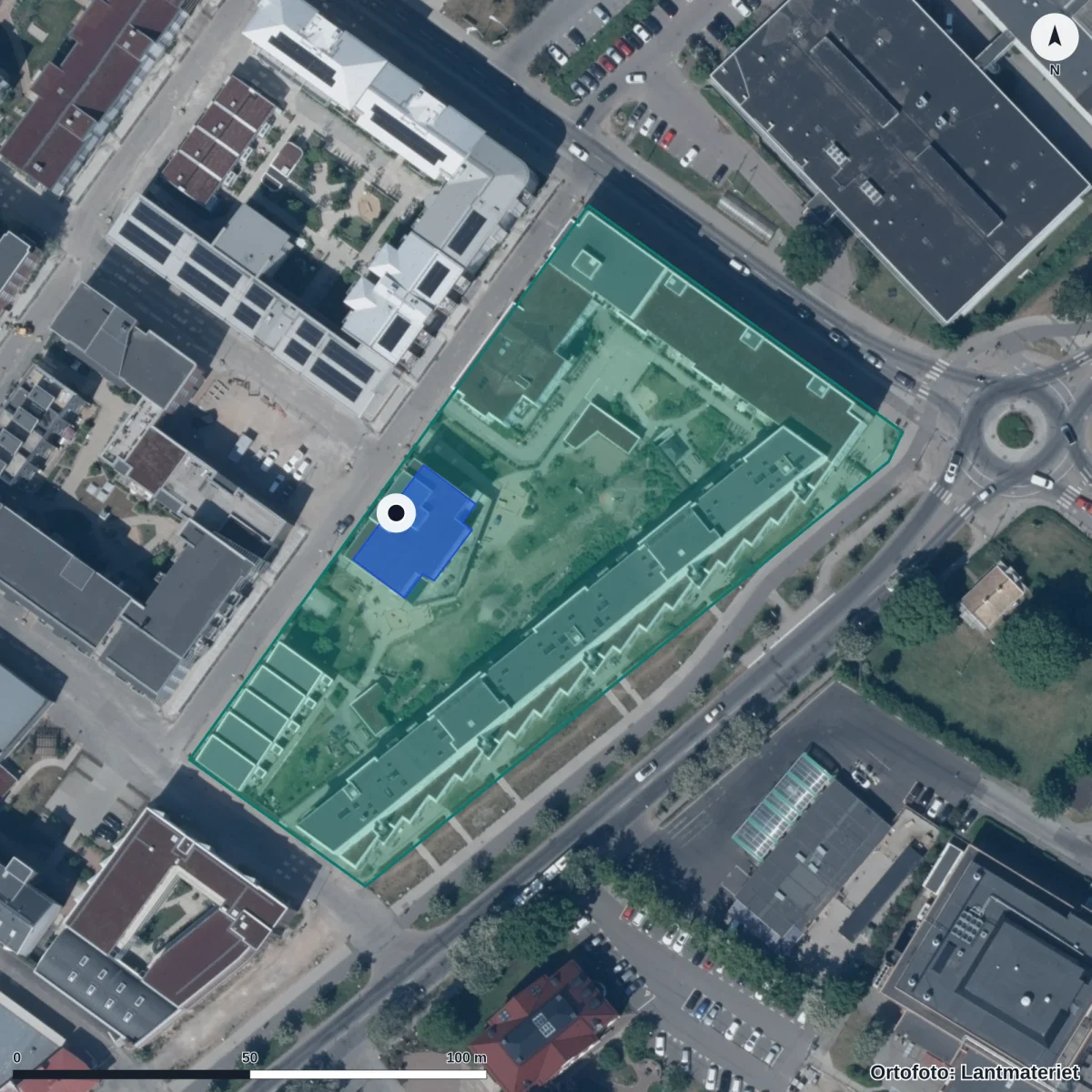 Flygbild över Jollens Förskola, ortofoto från Lantmäteriet