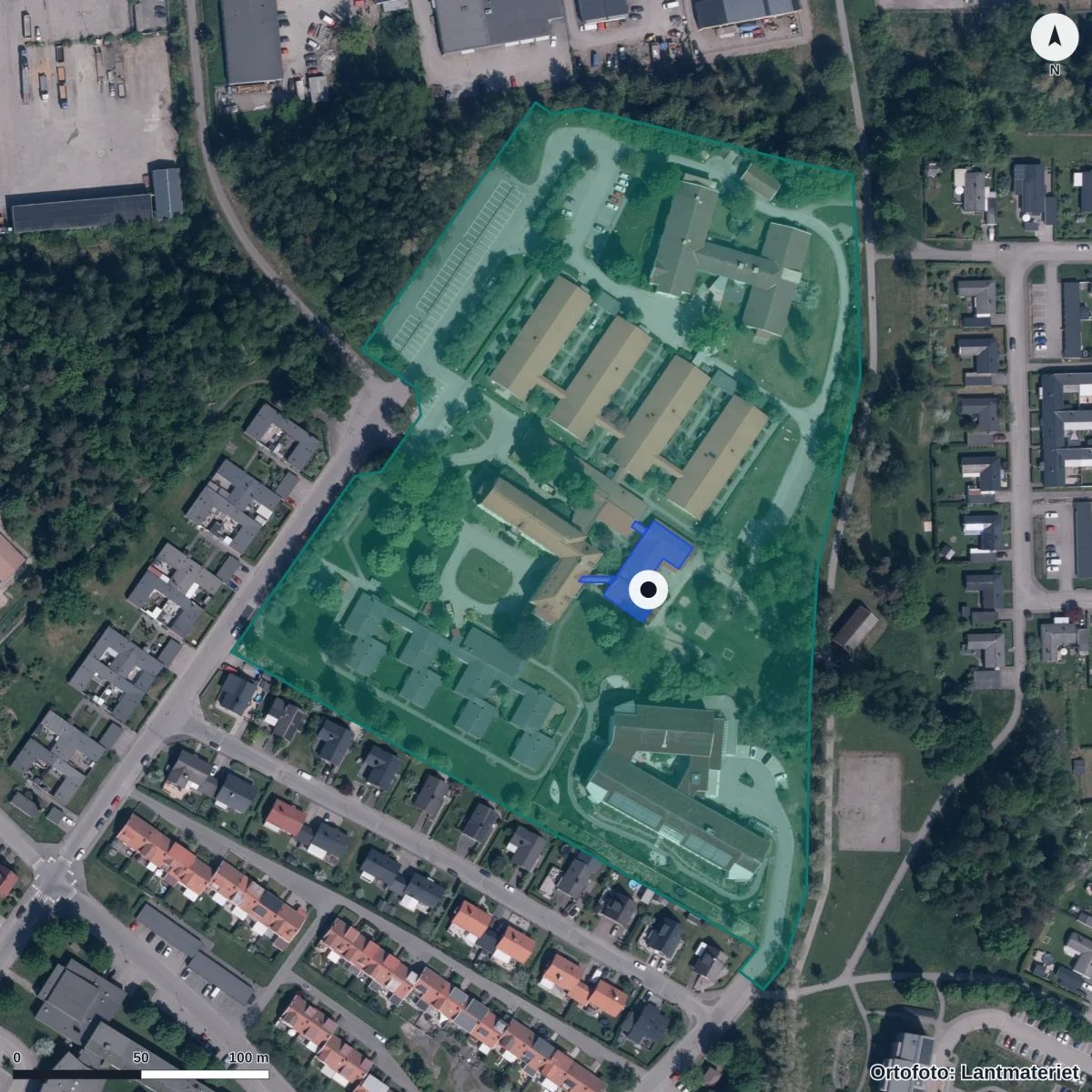 Flygbild över Örtagårdens Förskola, ortofoto från Lantmäteriet