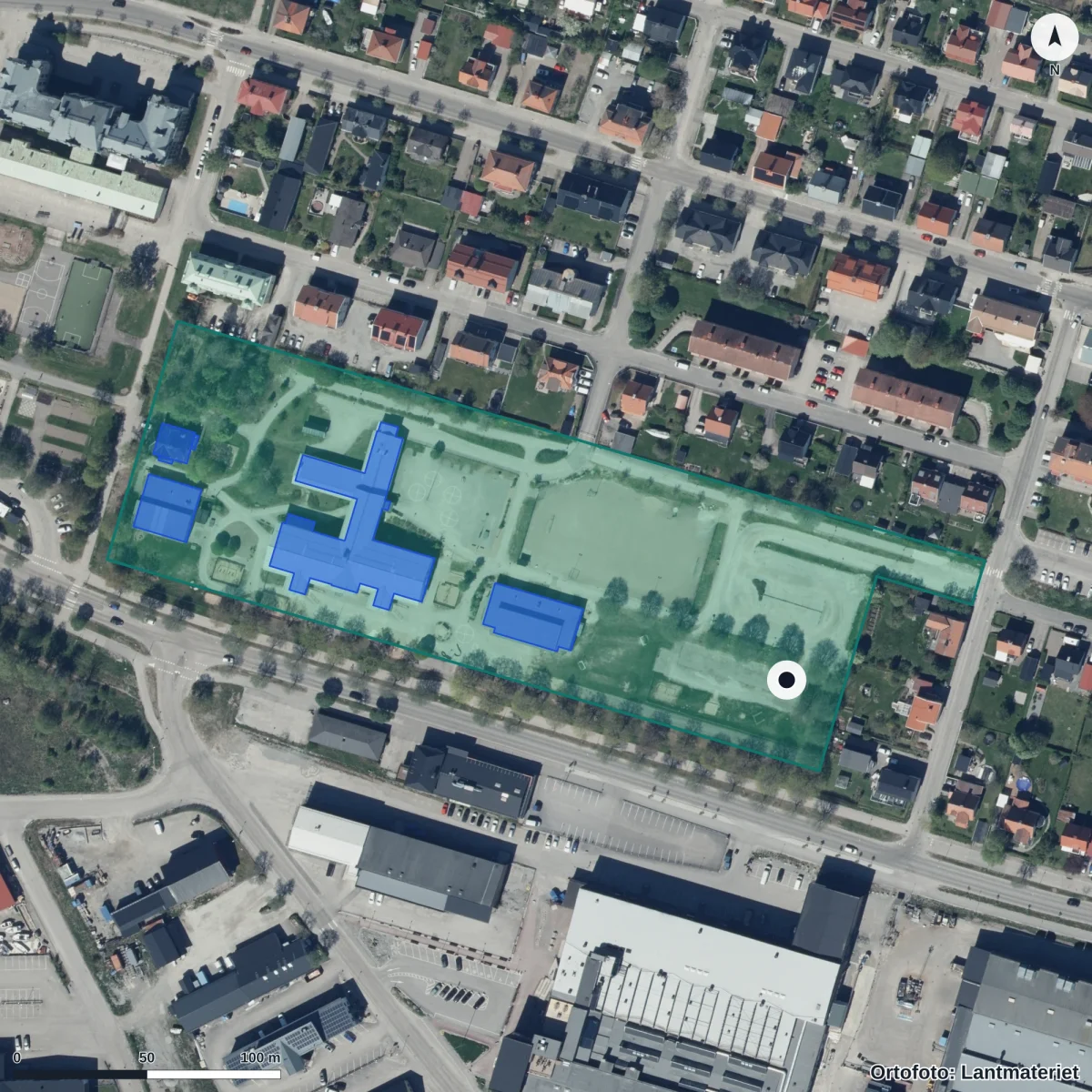 Flygbild över Helenedals Förskola, ortofoto från Lantmäteriet