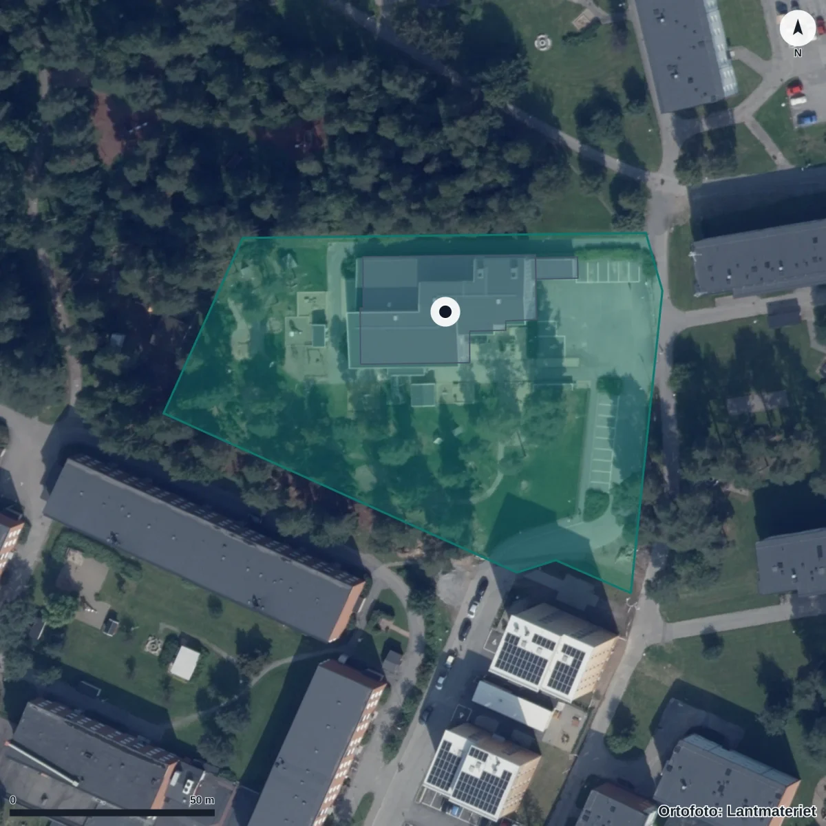 Flygbild över Moröhöjdens Förskola, ortofoto från Lantmäteriet