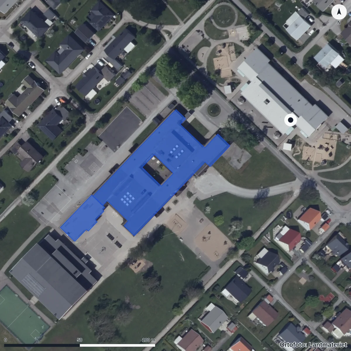 Flygbild över Kyrkenorums Förskola, ortofoto från Lantmäteriet
