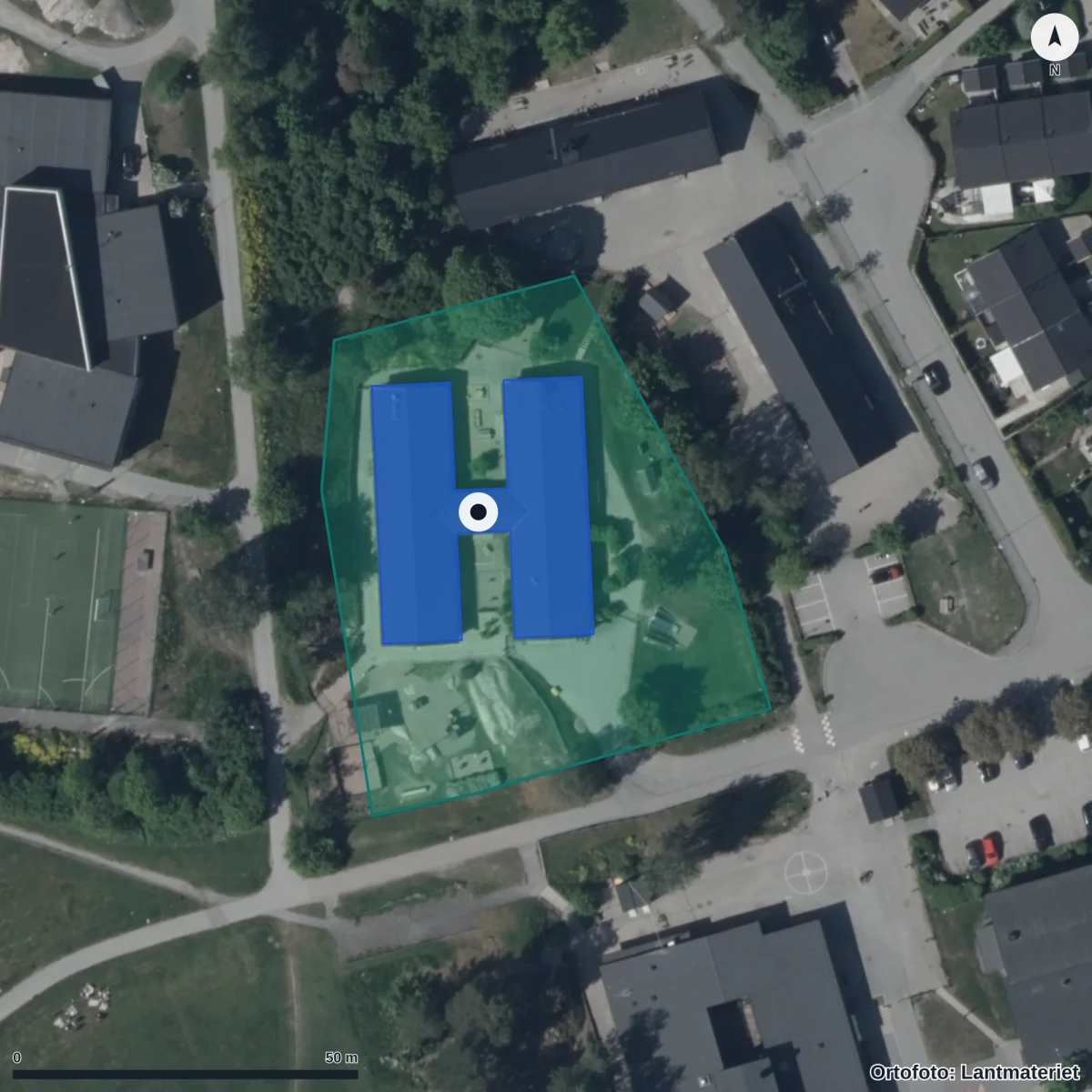 Flygbild över Äppellundens Förskola, ortofoto från Lantmäteriet