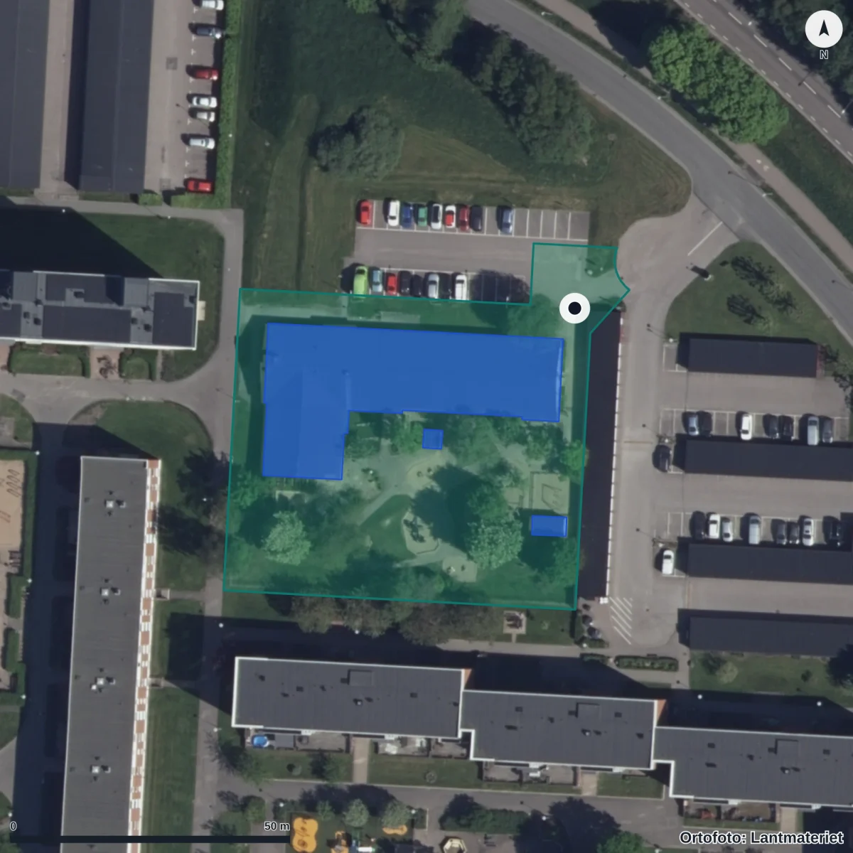 Flygbild över Solhagagatan 136 Förskola, ortofoto från Lantmäteriet