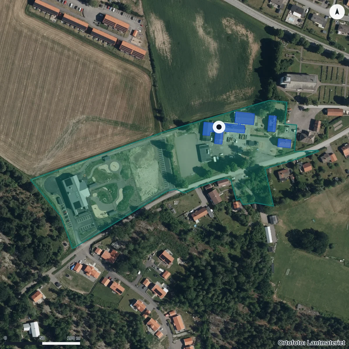 Flygbild över Mogata Förskola, ortofoto från Lantmäteriet