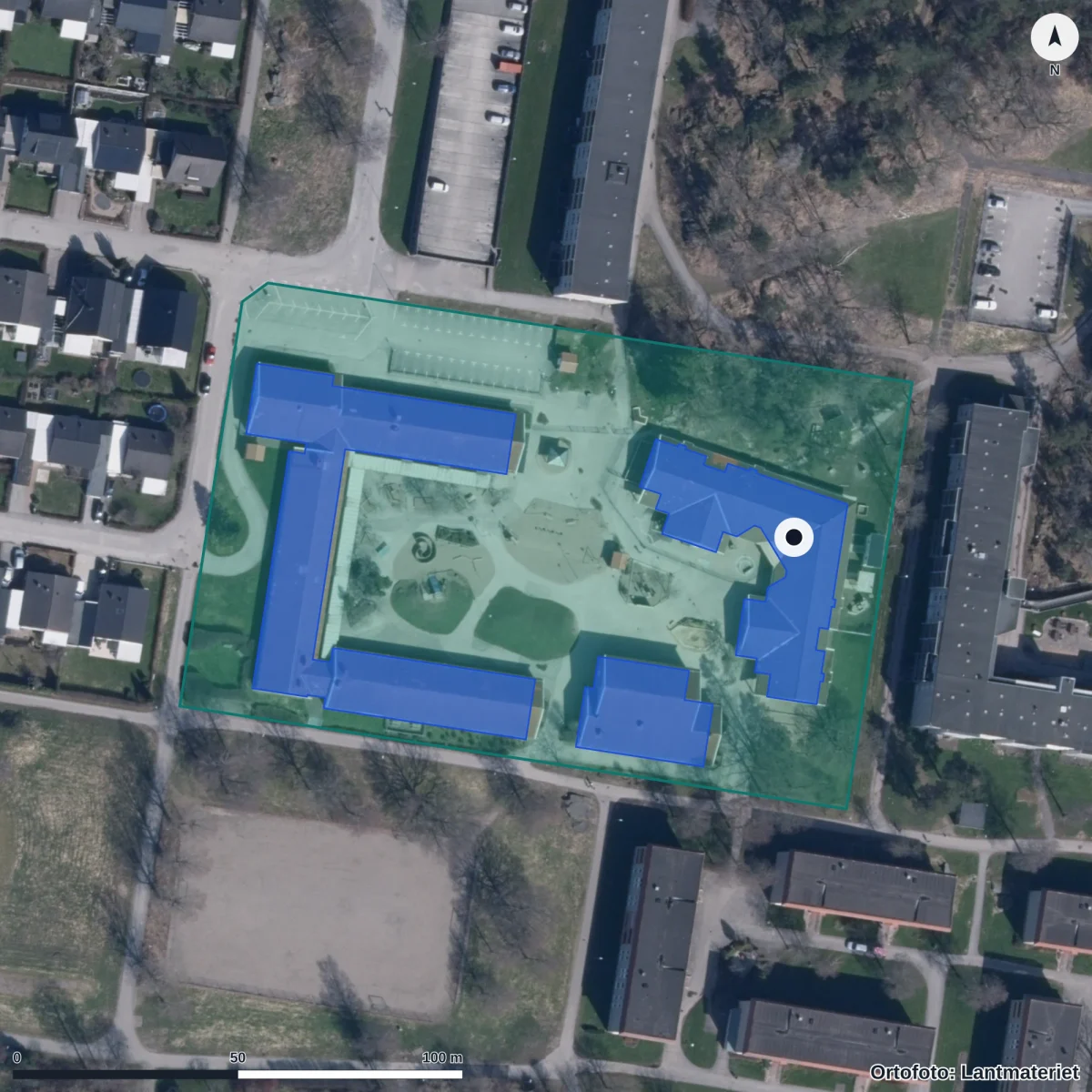 Flygbild över Sångvägens Förskola, ortofoto från Lantmäteriet