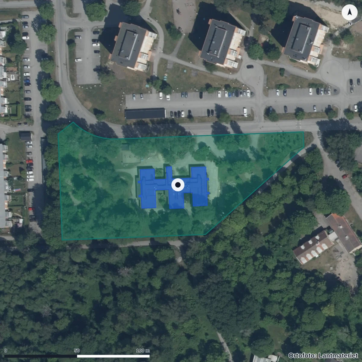 Flygbild över Svingelns Förskola, ortofoto från Lantmäteriet