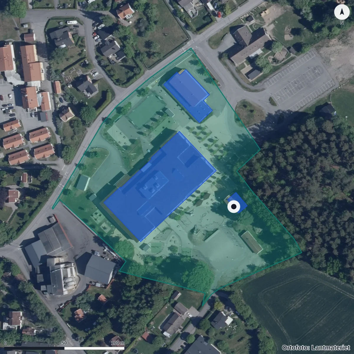 Flygbild över Stigtomta Förskola, ortofoto från Lantmäteriet
