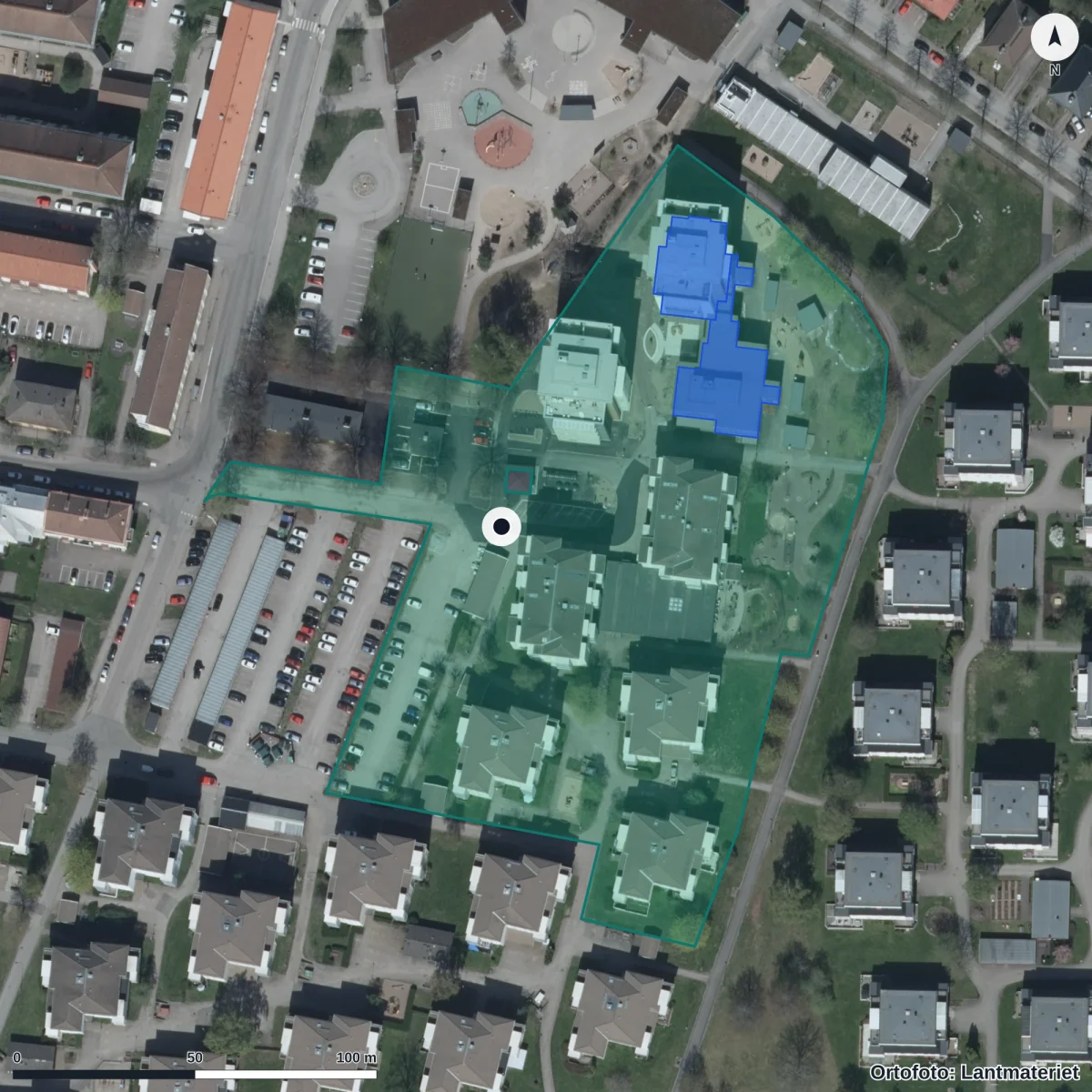 Flygbild över Hagaborgs Förskola, ortofoto från Lantmäteriet