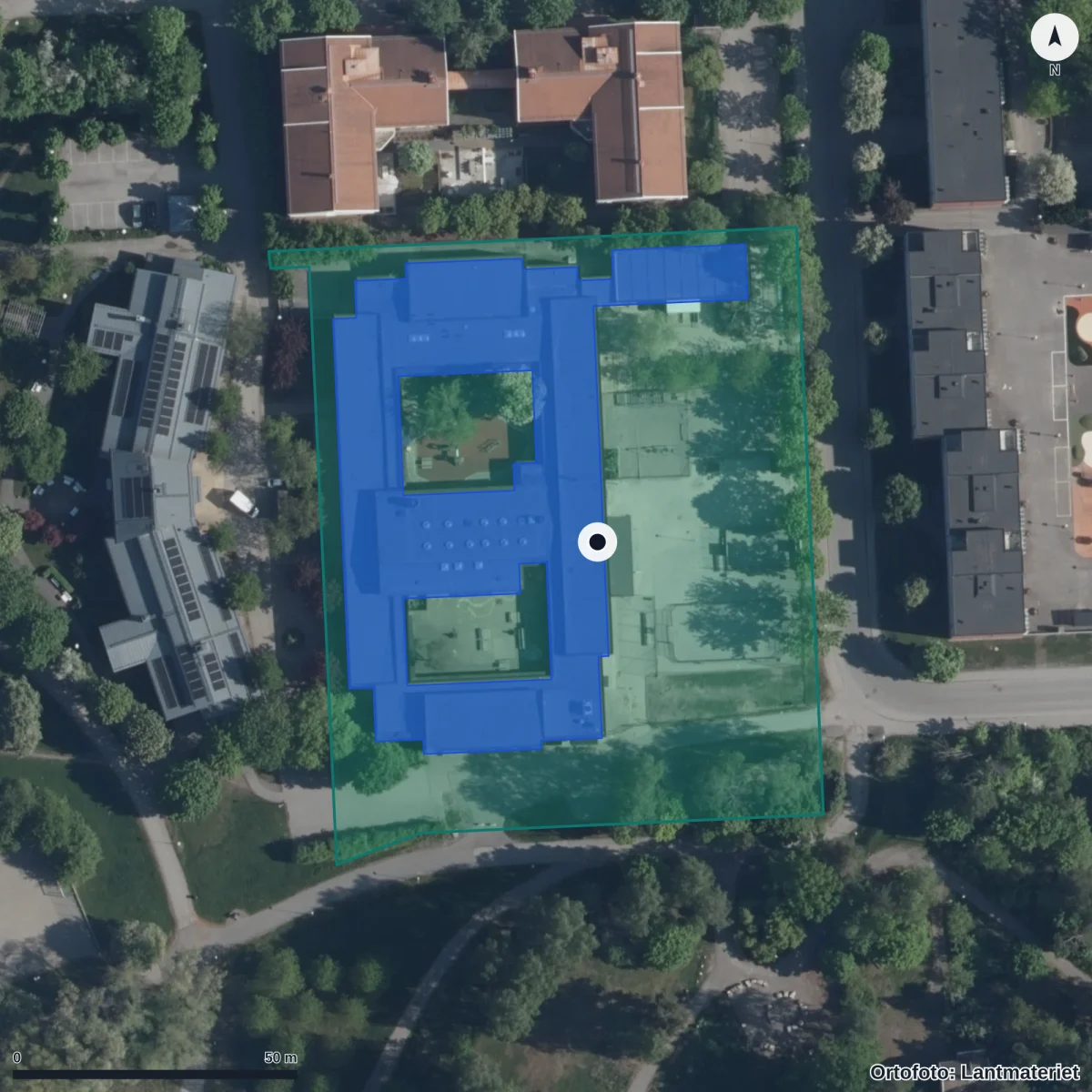 Flygbild över Vittra Ab, Jakobsberg Förskola, ortofoto från Lantmäteriet