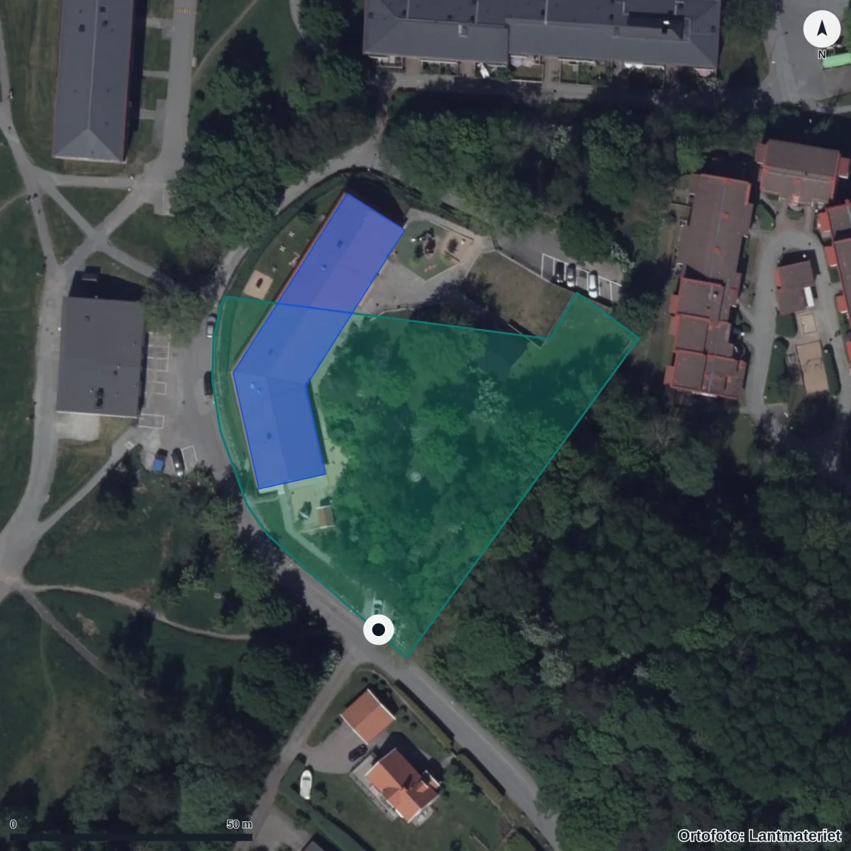 Flygbild över Hyltevägen 51 Förskola, ortofoto från Lantmäteriet