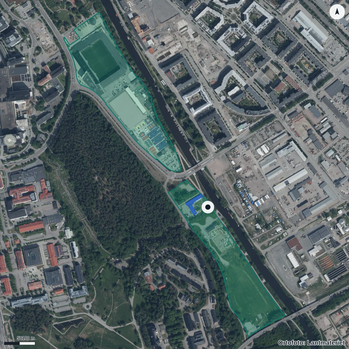 Flygbild över Sten Stures Förskola, ortofoto från Lantmäteriet