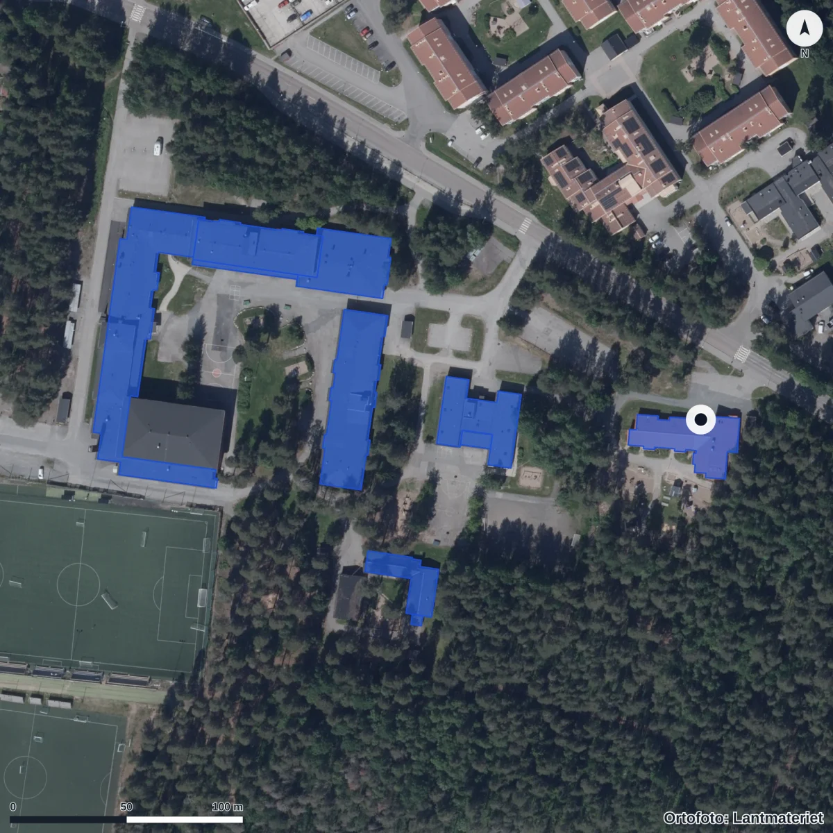 Flygbild över Stenåsens Förskola, ortofoto från Lantmäteriet