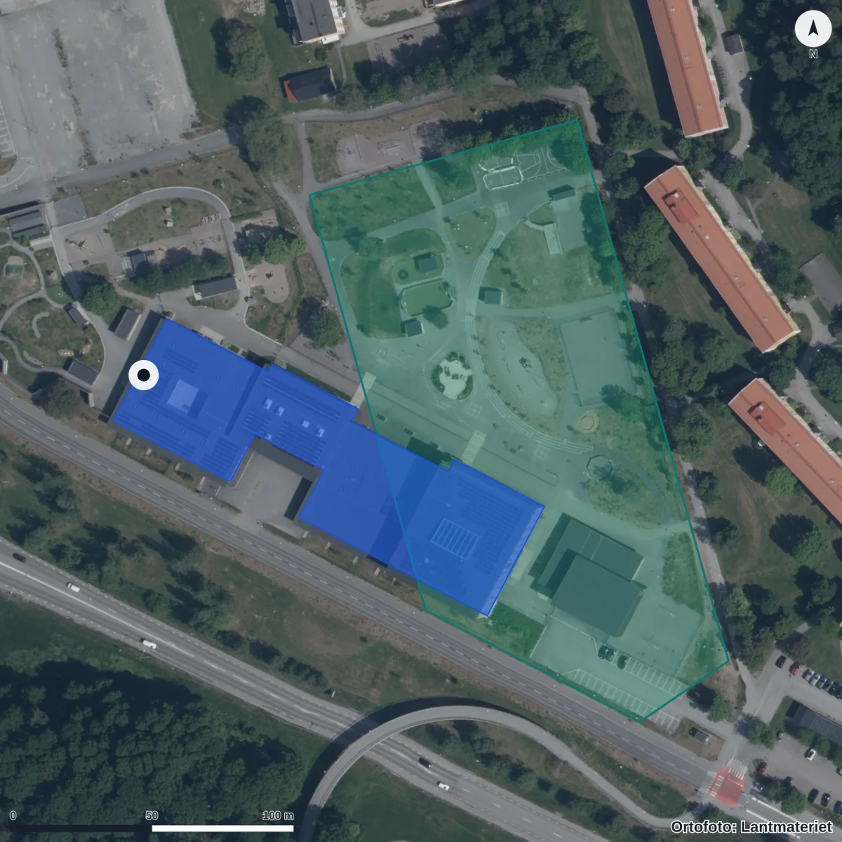 Flygbild över Aspbacken Förskola, ortofoto från Lantmäteriet