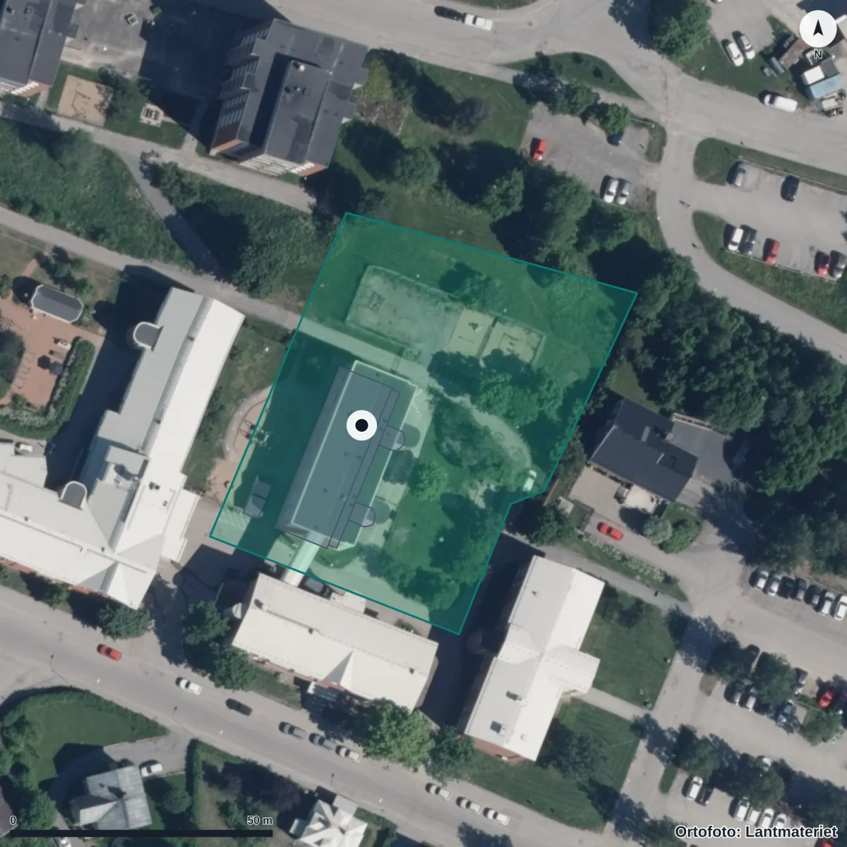 Flygbild över Kaptenens Förskola, ortofoto från Lantmäteriet