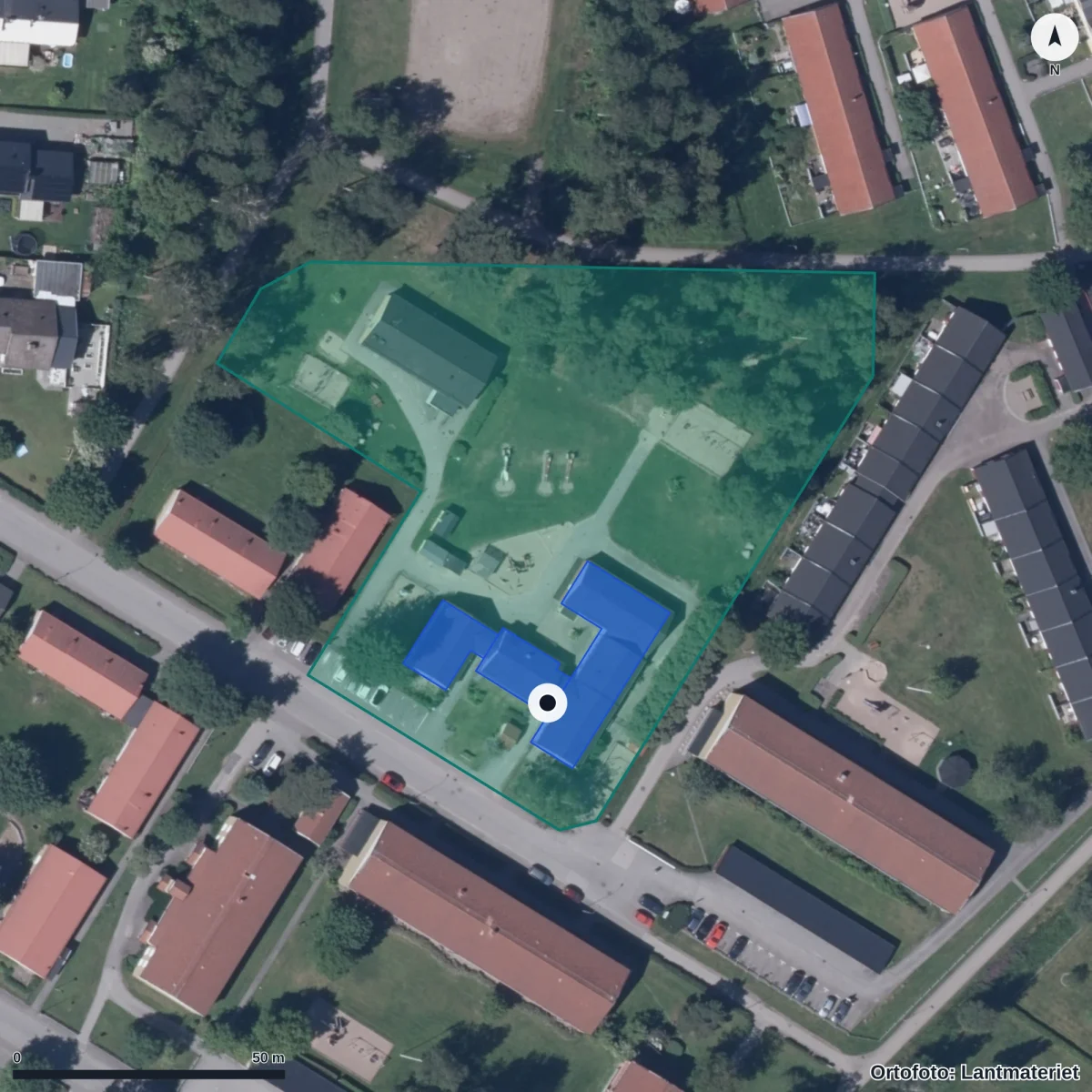 Flygbild över Förskolan Kullen, ortofoto från Lantmäteriet