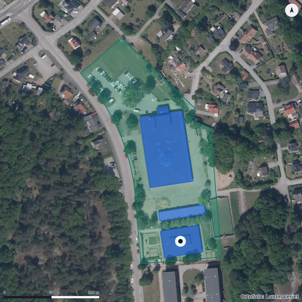 Flygbild över Gullvivans Förskola, ortofoto från Lantmäteriet