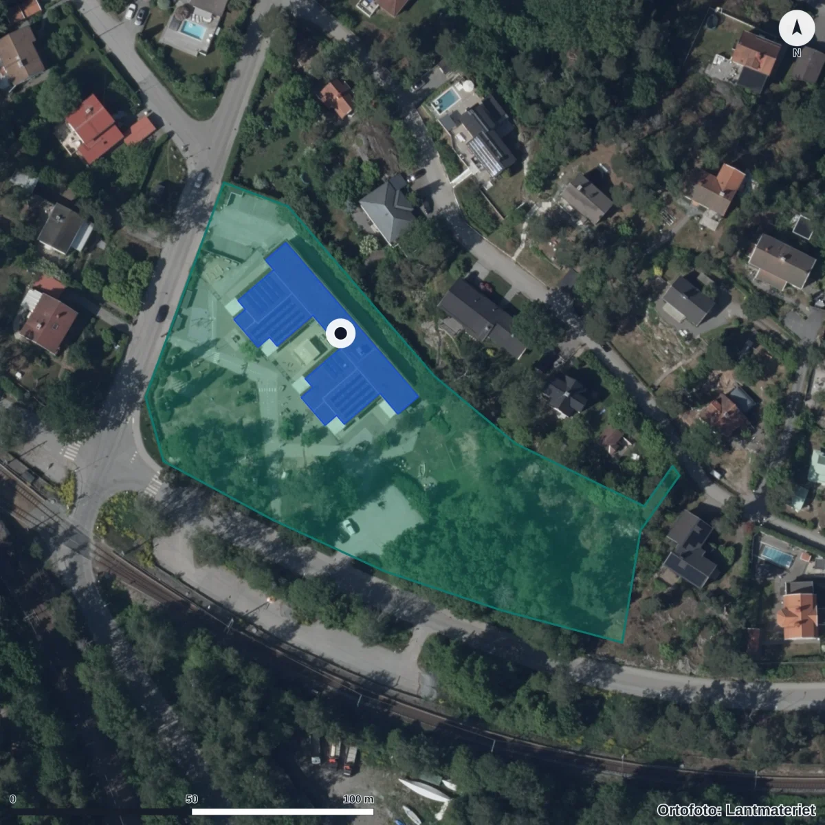 Flygbild över Pilens Förskola, ortofoto från Lantmäteriet