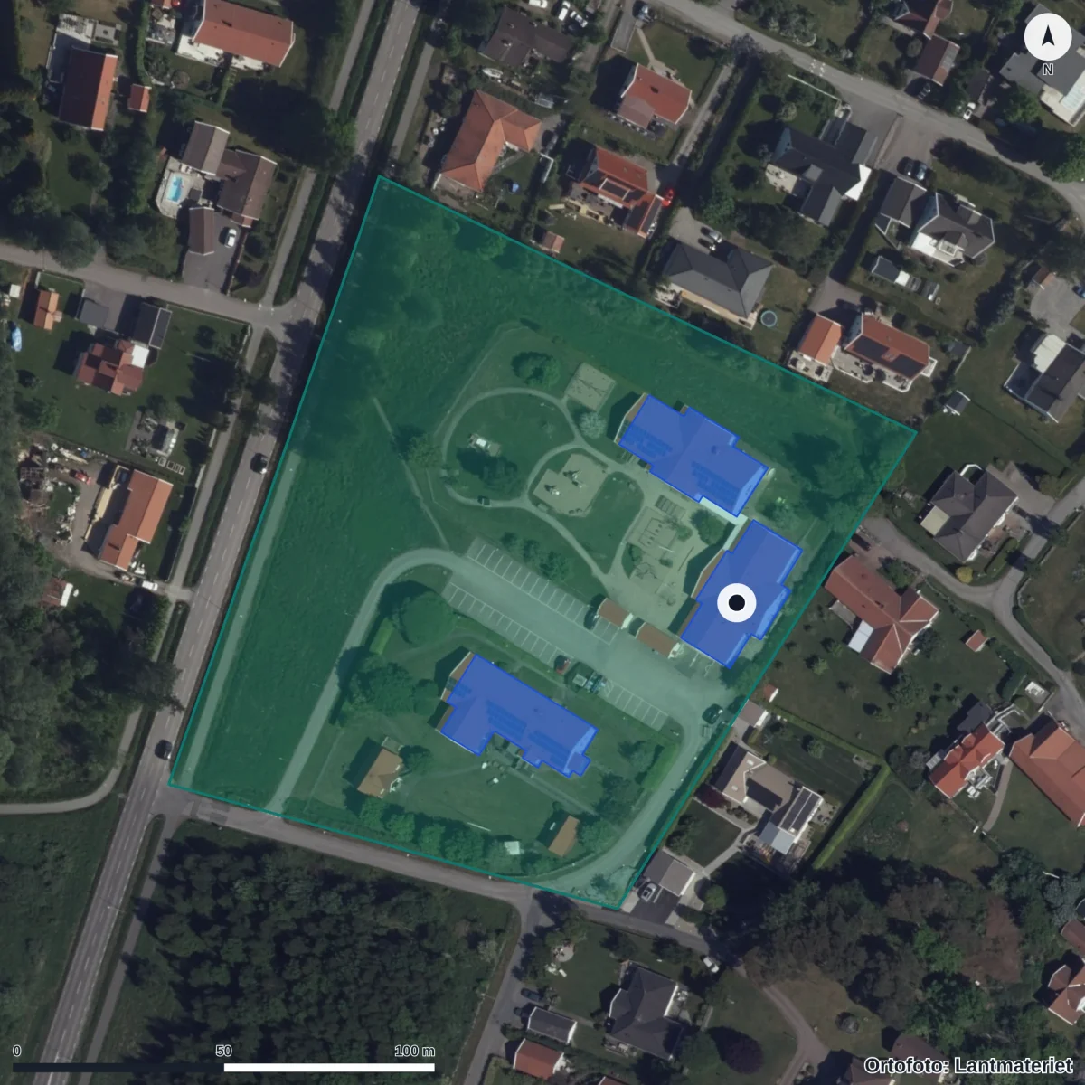 Flygbild över Strannegårdens Förskola, ortofoto från Lantmäteriet