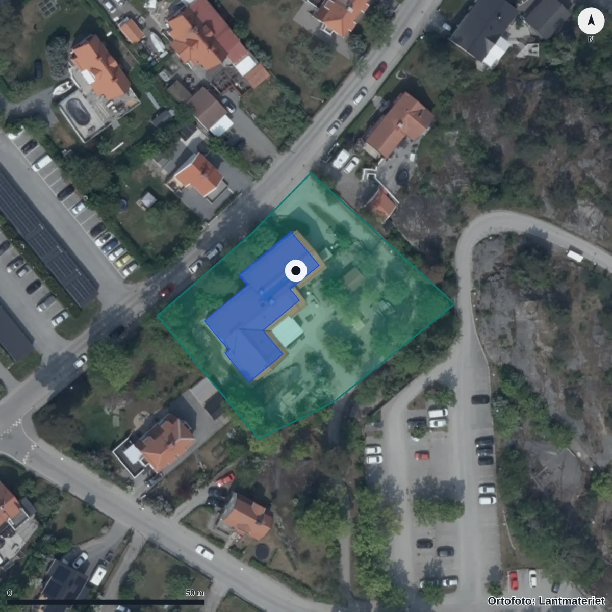 Flygbild över Vaktbergets Förskola, ortofoto från Lantmäteriet