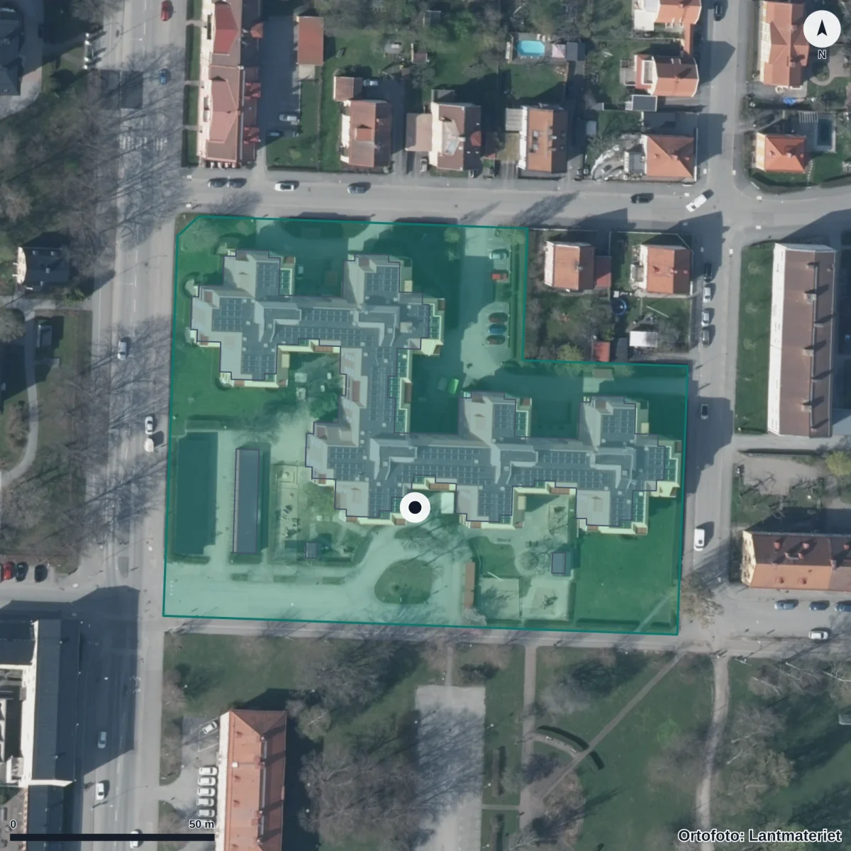 Flygbild över Marklyckans Förskola, ortofoto från Lantmäteriet