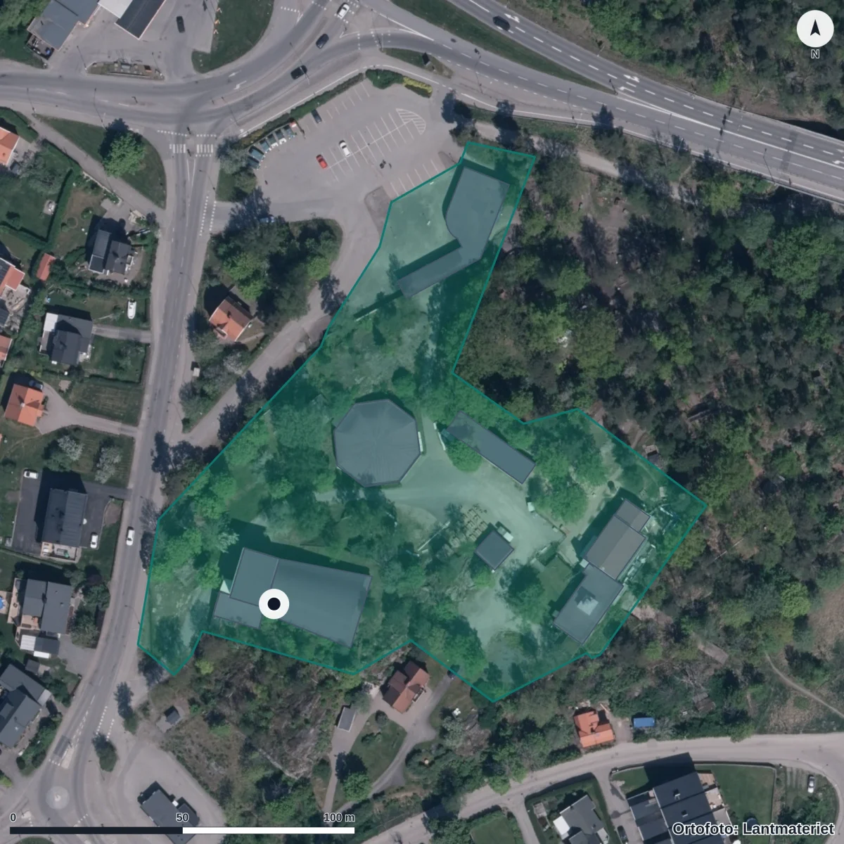 Flygbild över Dalaborg Förskola, ortofoto från Lantmäteriet