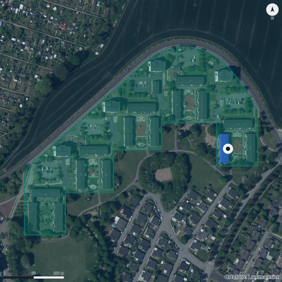 Flygbild över Örtagårdens Förskola, ortofoto från Lantmäteriet