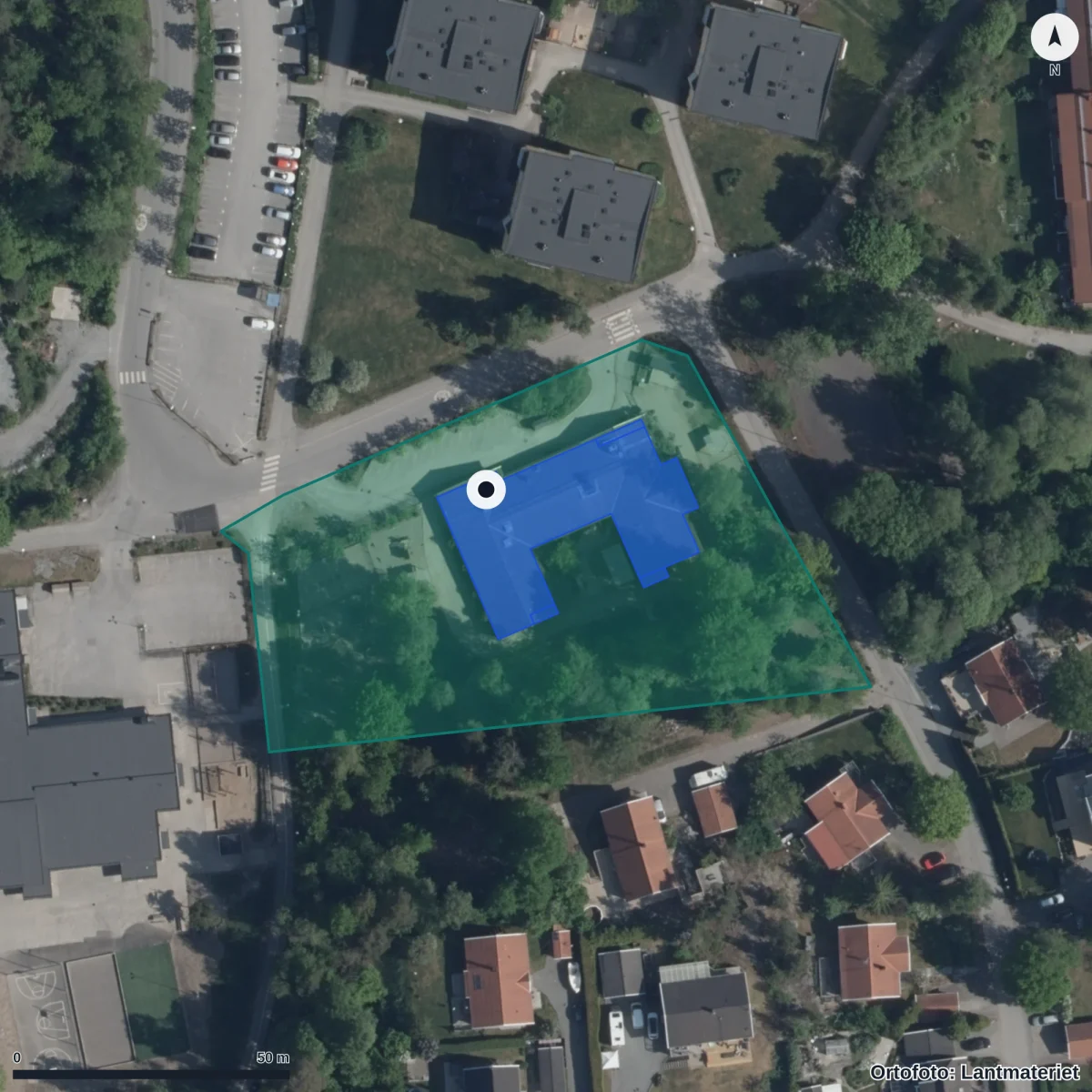 Flygbild över Förskolan Römossen, ortofoto från Lantmäteriet