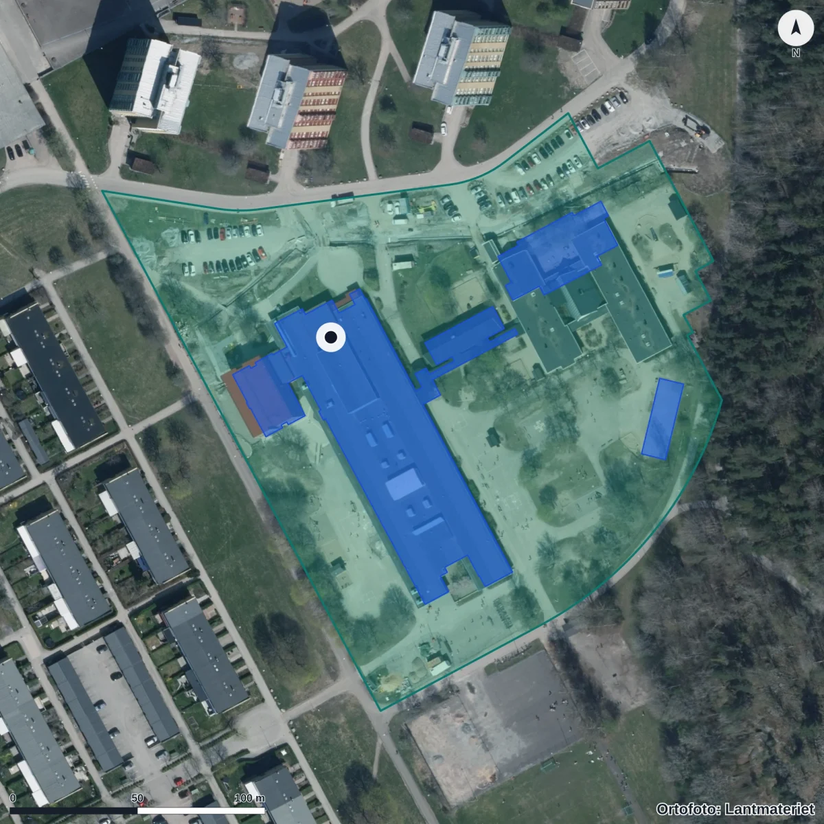Flygbild över Rönnby Förskola, ortofoto från Lantmäteriet