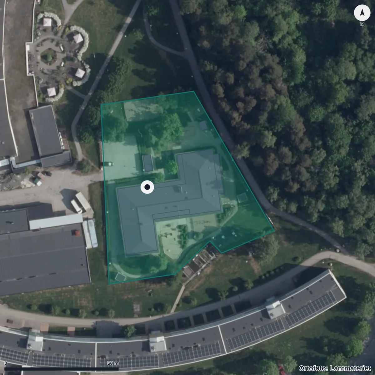 Flygbild över Ekorrens Förskola, ortofoto från Lantmäteriet